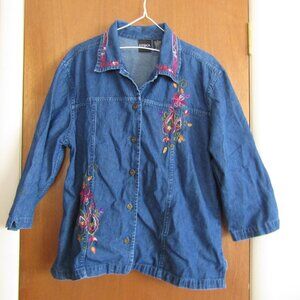 Erika Vintage Denim Button Front Floral Embroidered 3/4 Sleeve Jacket Top*L*